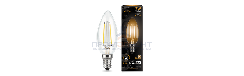 Лампа Gauss Filament Свеча 7W 550lm 2700К Е14 LED 1/10/50