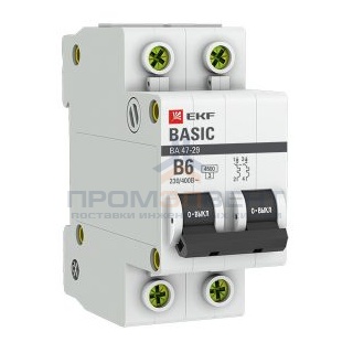 Автоматический выключатель EKF Basic ВА 47-29 2P 6А (B) 4,5кА (автомат электрический)