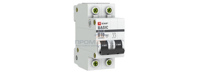 Автоматический выключатель EKF Basic ВА 47-29 2P 10А (B) 4,5кА (автомат электрический)